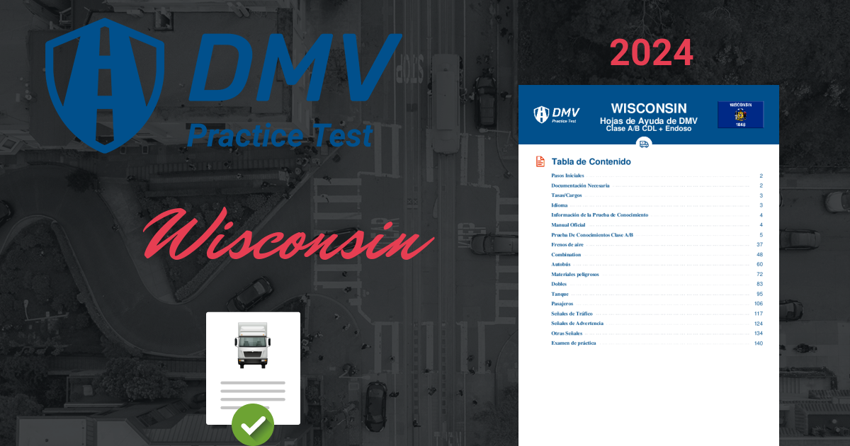 Hoja de Ayuda del 2024 de Wisconsin para la Prueba de la Licencia de CDL de DMV. Con una Tasa de