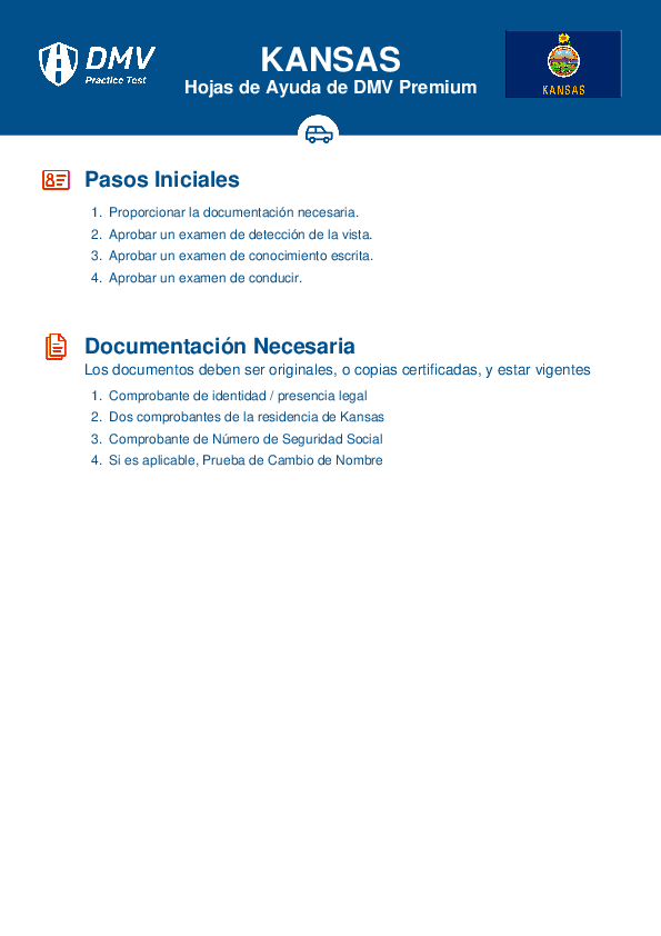 Hoja de Ayuda para la Prueba de la Licencia de DMV del 2024 de Kansas